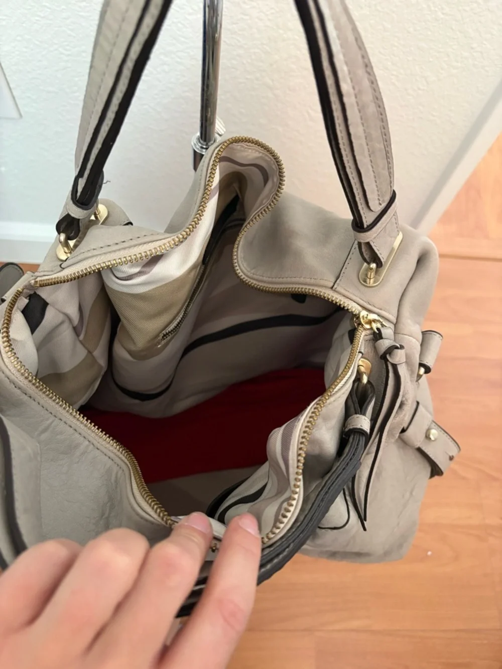 Neutral Taupe Leather Hobo Bag with Gold Chain Detail
